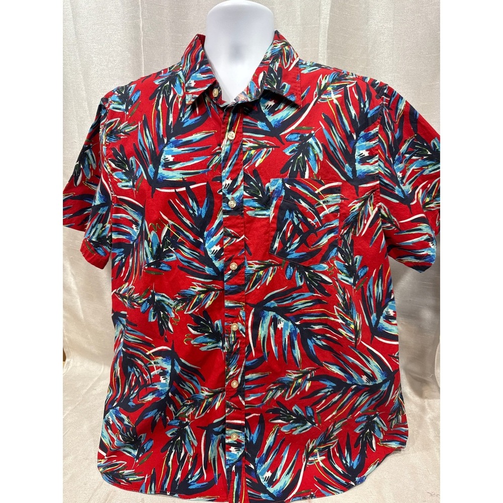 Gap Mens XL Red Tropical Leaf Print‎ Short Sleeve Button Down Stretch Shirt